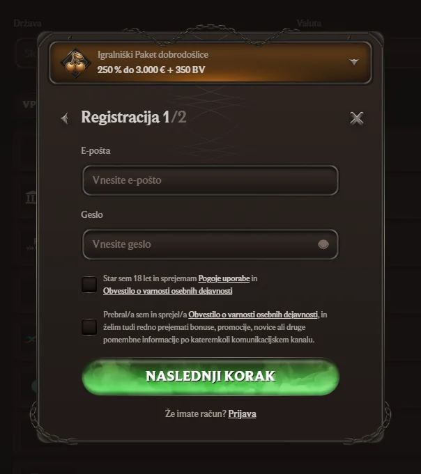 AlterSpin casino – prvi zaslon registracije z e-pošto in geslom