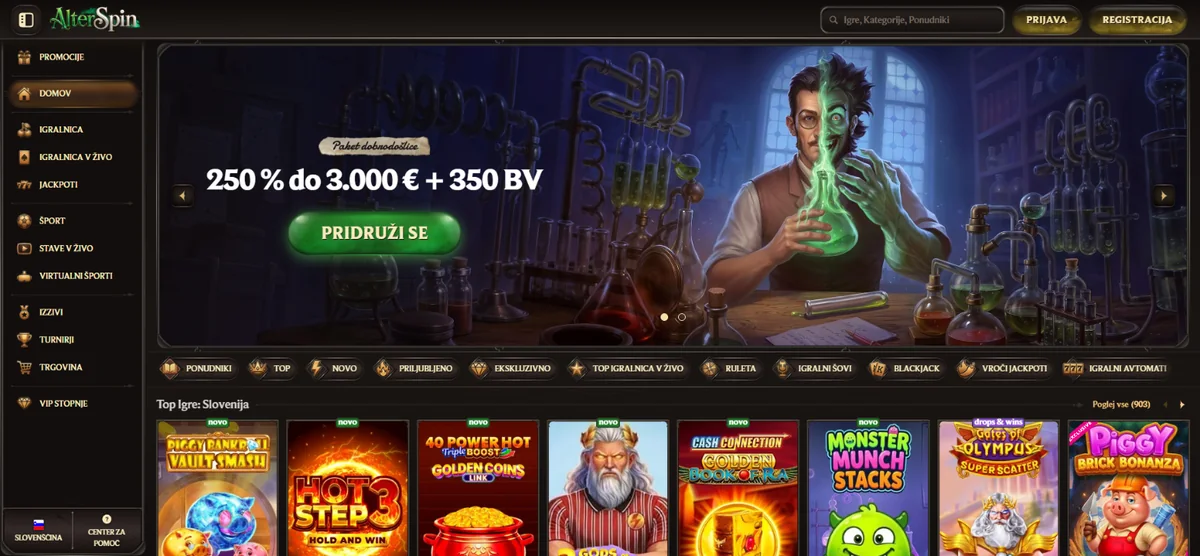 AlterSpin casino – vstopna stran s paketom dobrodošlice
